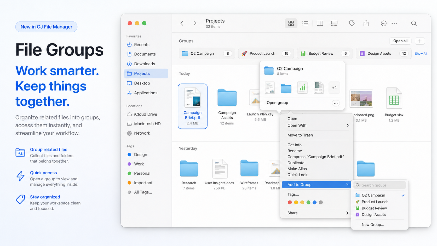 File groups product visual with group shelf, hover preview, and add-to-group context menu