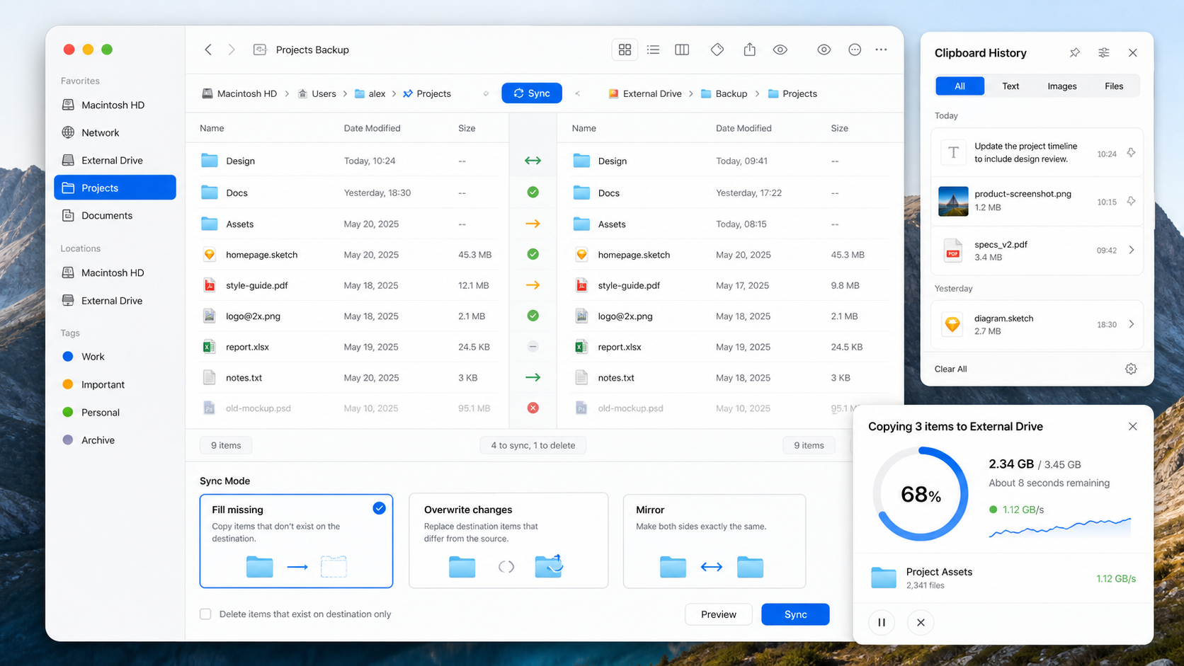 Operation progress and folder sync product visual with progress charts and clipboard history