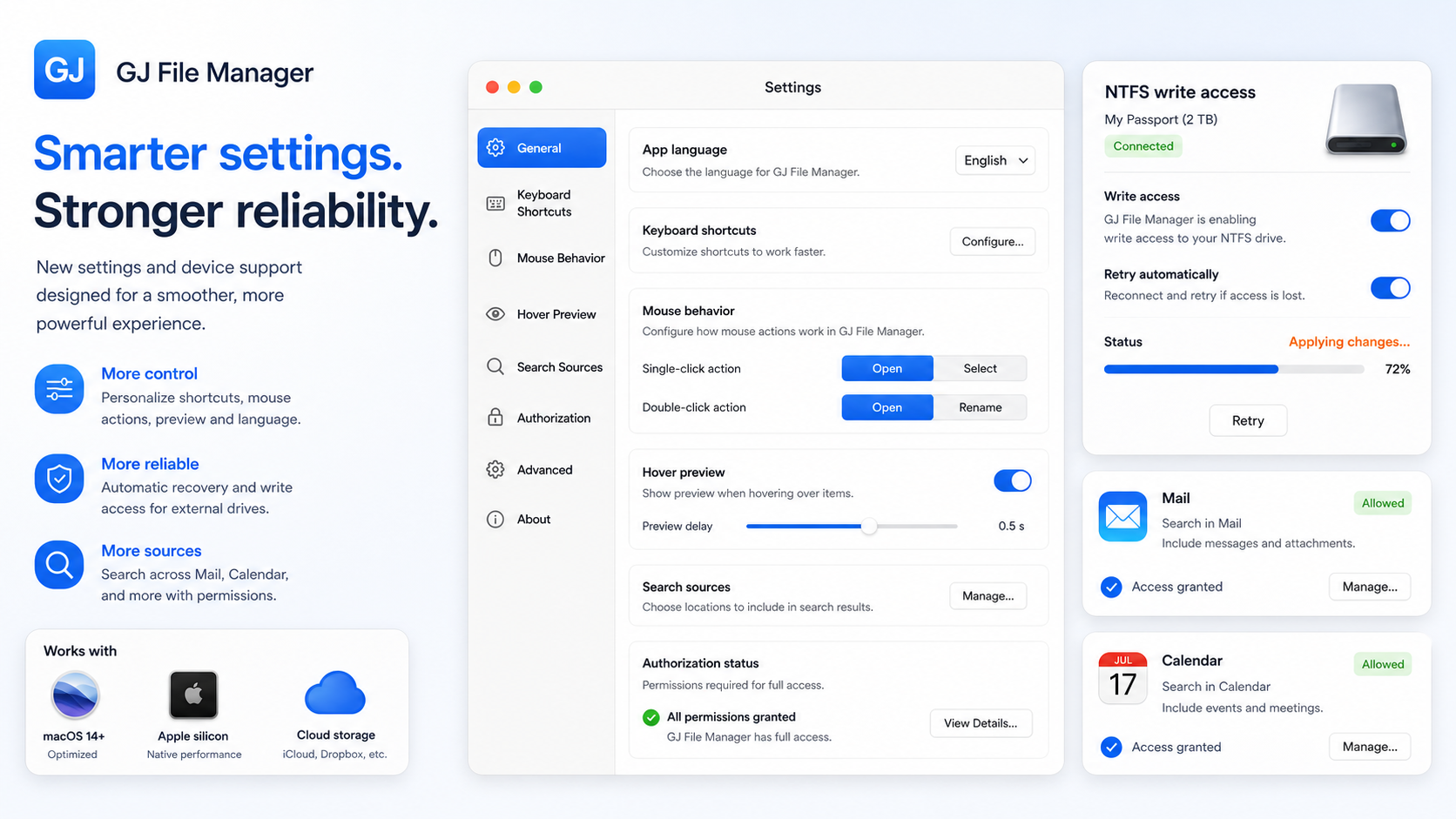 Settings and reliability product visual with language, shortcuts, hover preview, search source permissions, and NTFS write access