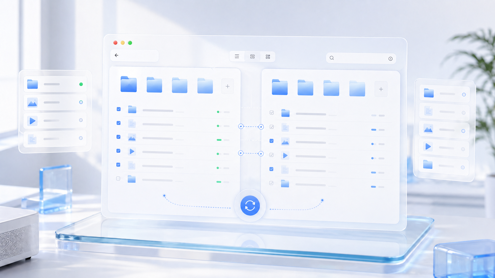 Folder comparison product visual with split panes and sync indicators