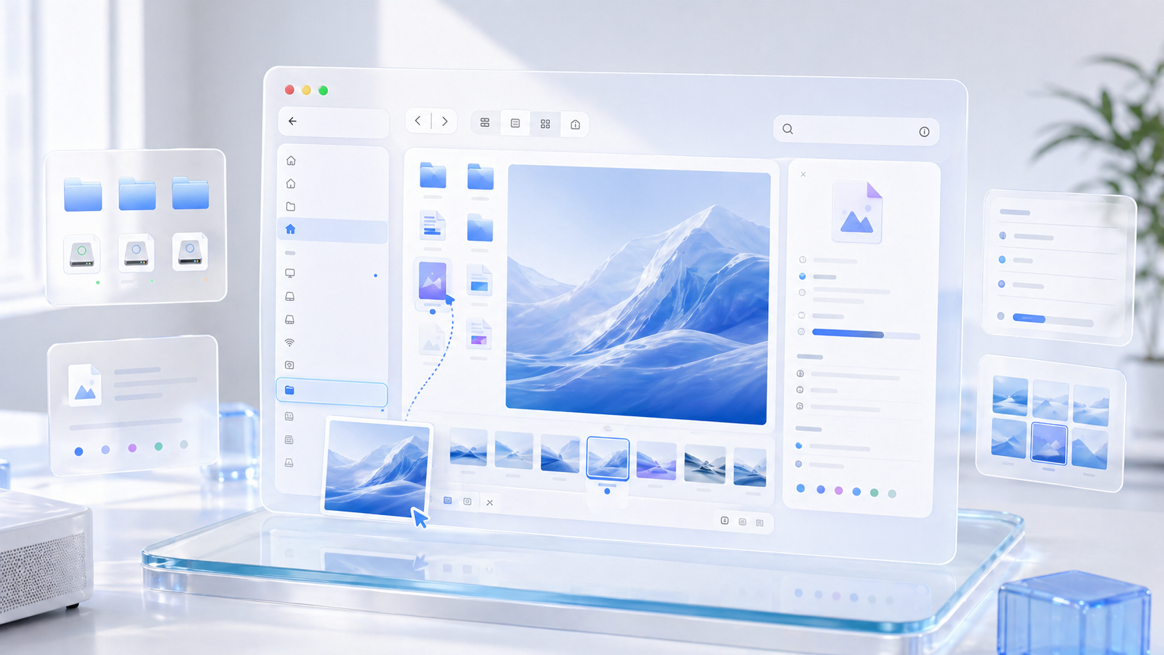Preview and inspector product visual with thumbnails and metadata panels