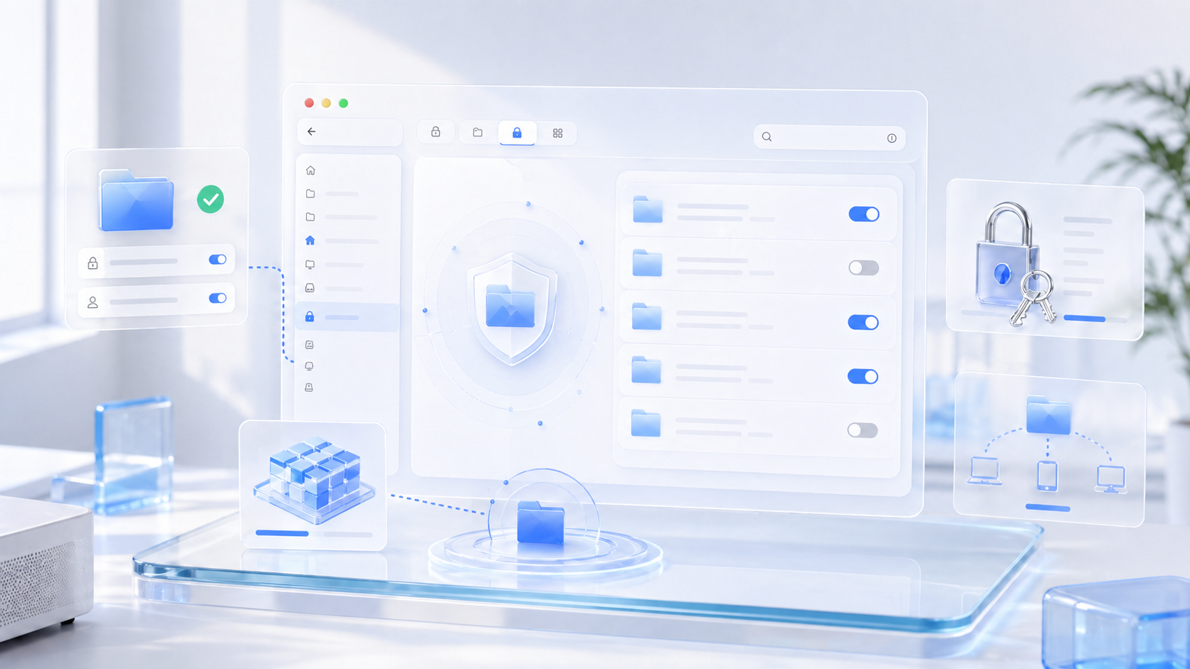 Local-first privacy product visual with folder permissions and keychain-style security