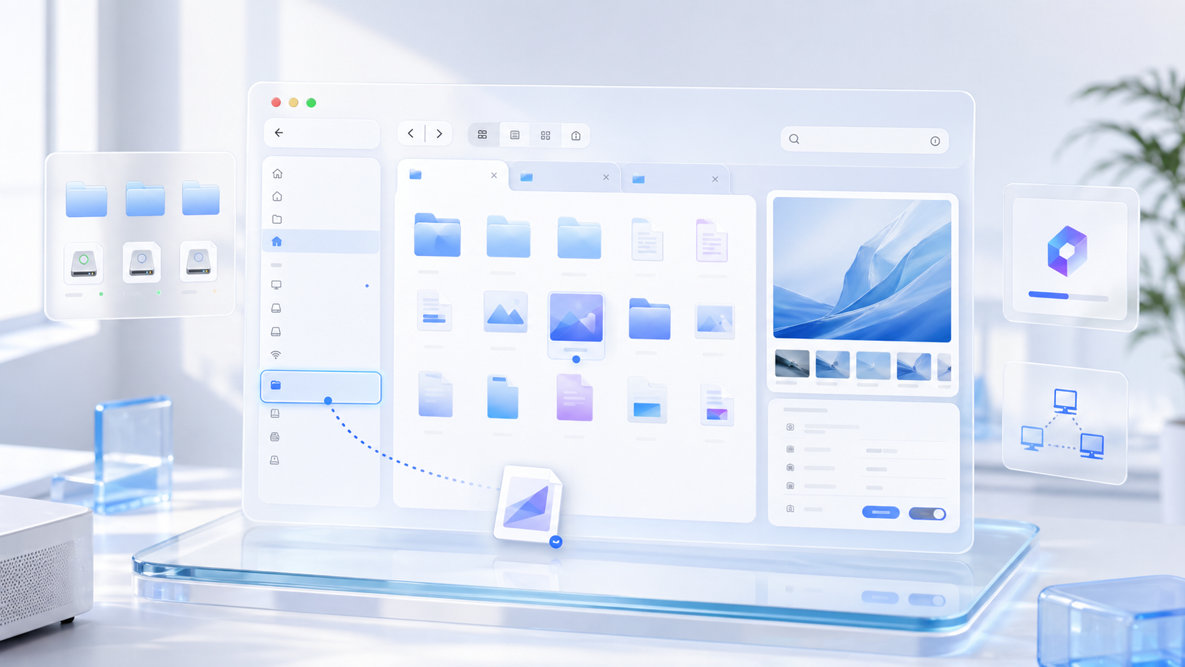A premium acrylic product visual of GJ File Manager for Mac with folders, tabs, preview, and connected file sources