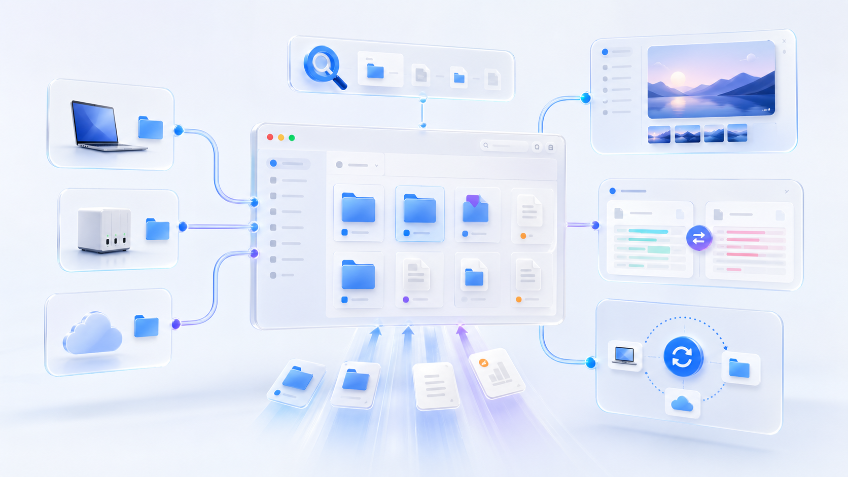 GJ File Manager workflow visual connecting local folders, network files, search, preview, compare, and sync